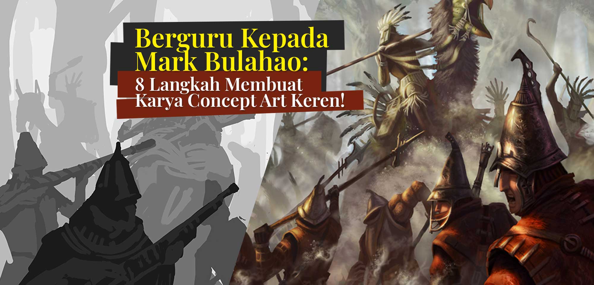 Membuat Concept Art merupakan sebuah proses rumit untuk menciptakan sebuah artwork yang memiliki kekuatan cerita yang dramatis yang dibangun dari berbagai unsur seperti komposisi, detail, Point of Interest, drama, karakter yang kuat, gesture dan postur yang dinamis dan sebuah logika dalam kesatuan banyak unsur tadi. Bagaimanakah kita membuat sebuah komposisi yang menarik? Berikut step by step membuat Concept Art oleh Mark Bulahao, seorang Concept Artist dan Illustrator dari Filipina.