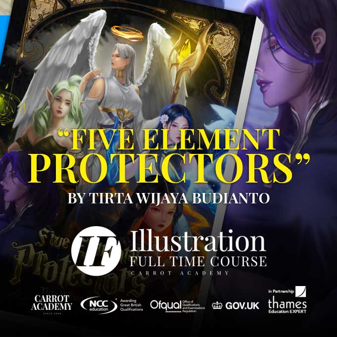 Five Element Protectors adalah artbook karya Tirta Wijaya Budianto yang menjadi karya implementation project di program Carrot Academy Fulltime Course Januari 2024.